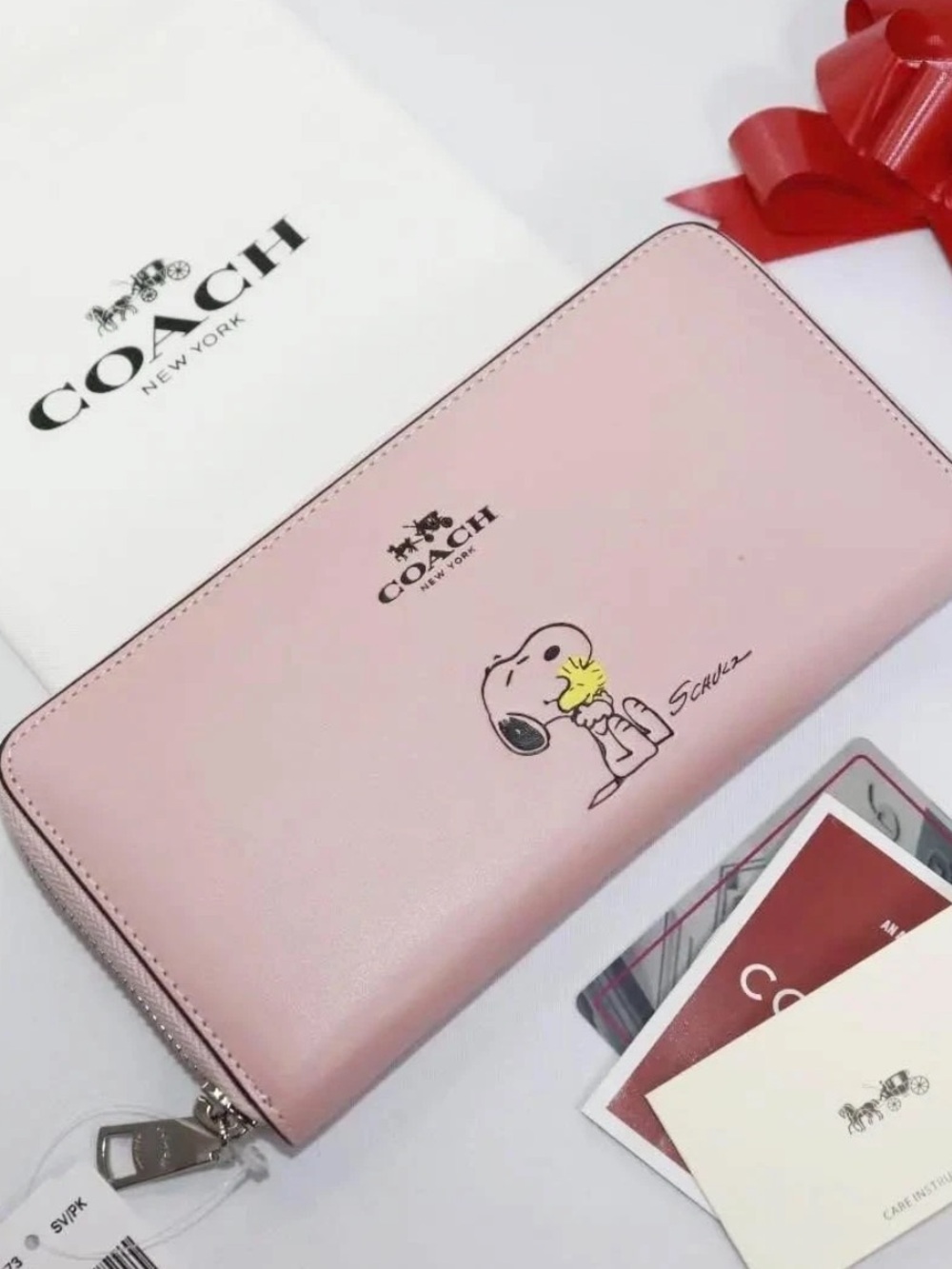 Coach x peanuts snoopy Woodstock leather long zip PINK wallet DUST BAG